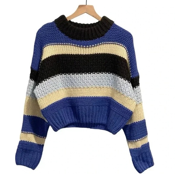 NWT Elan Cassidy Striped Sweater, Chunky, Relaxed, Black, Cream, Royal Blue, S - Picture 2 of 15